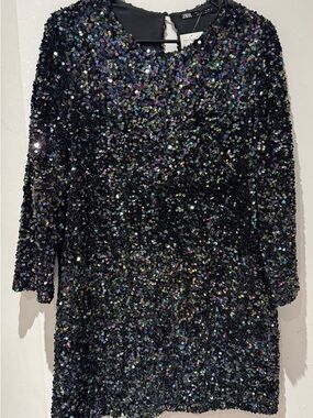 Zara Black Iridescent Sequin Party Dress with Multicolor Sparkle
